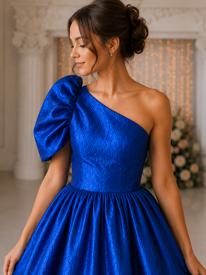 Royal Sapphire One-Shoulder Midi Party Dress for Women