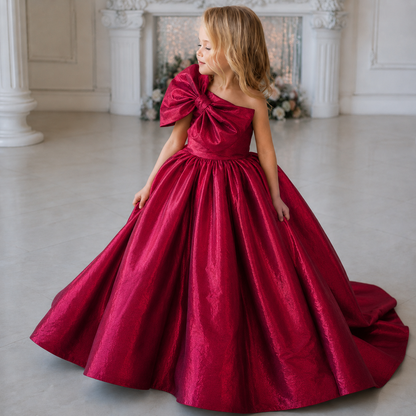 Ruby Royale One-Shoulder Bow Princess Ball Gown