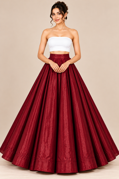 Women’s Maroon Glass Satin Flared Maxi Skirt | High-Waist Pleated Long Skirt for Party & Festive Wear