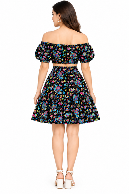 Tropical Floral Crop Top & Skirt Set for Women | Black Cotton Co-Ord