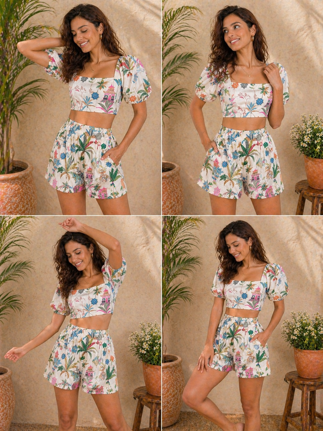 Women’s Tropical Print Co-Ord Set with Puff Sleeve Crop Top & Shorts