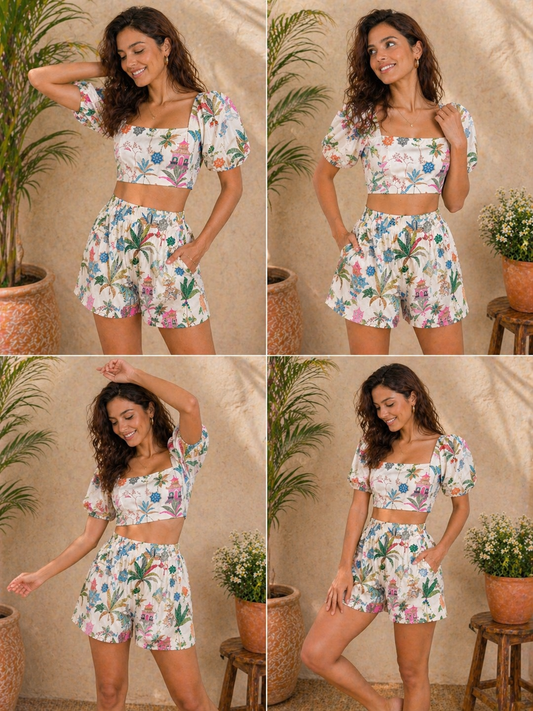 Women’s Tropical Print Co-Ord Set with Puff Sleeve Crop Top & Shorts