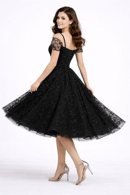 Elegant Black Embroidered Off-Shoulder Tulle Midi Dress for Women – Party & Evening Wear