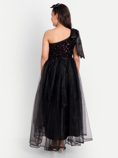 Elegant Black One-Shoulder Sequin Party Gown for Girls