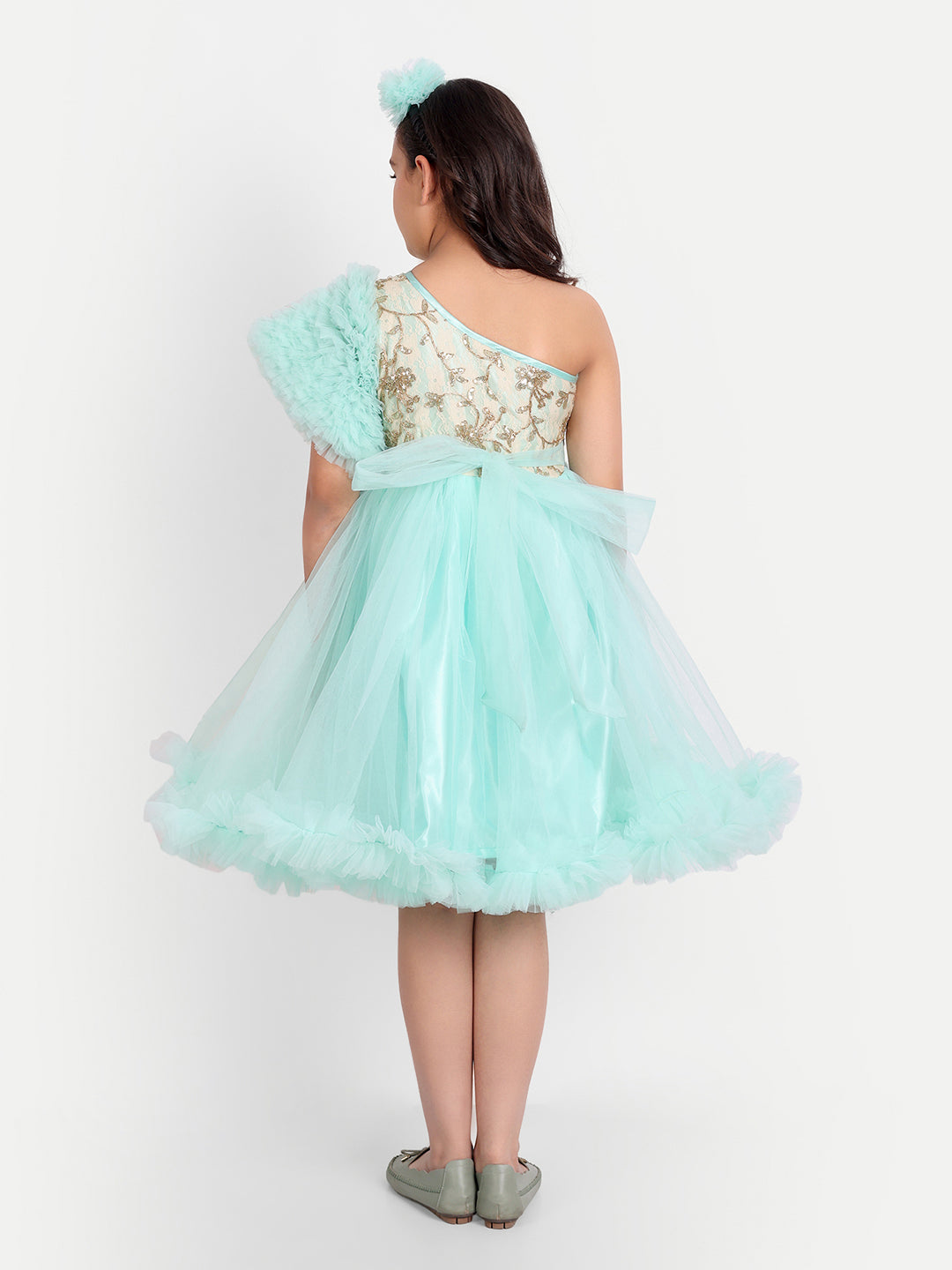 Girls Mint Green One-Shoulder Designer Party Dress