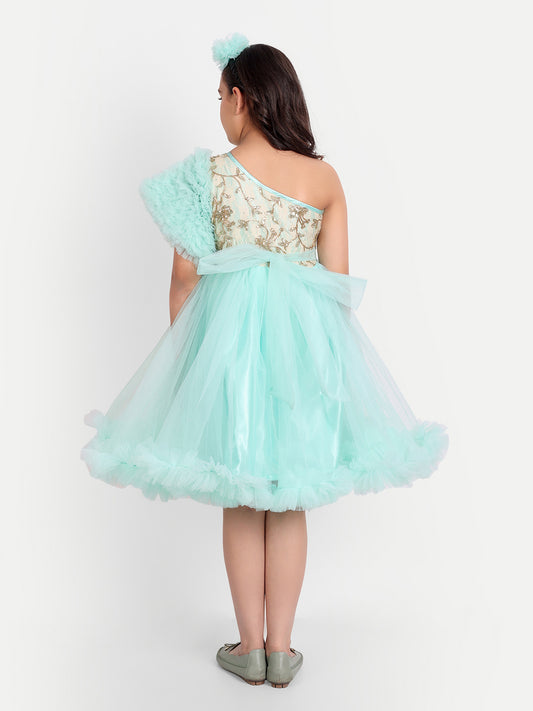 Girls Mint Green One-Shoulder Designer Party Dress