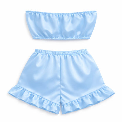 Luxury Women Satin Lounge Set – Strapless Tube Top & Ruffle Shorts Night Suit Sky Blue