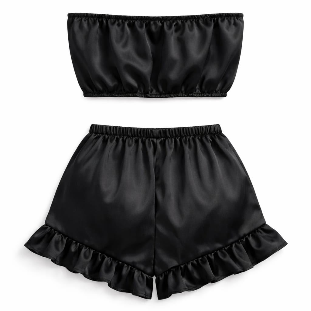 Luxury Women Satin Lounge Set – Strapless Tube Top & Ruffle Shorts Night Suit Black