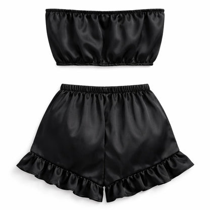 Luxury Women Satin Lounge Set – Strapless Tube Top & Ruffle Shorts Night Suit Black