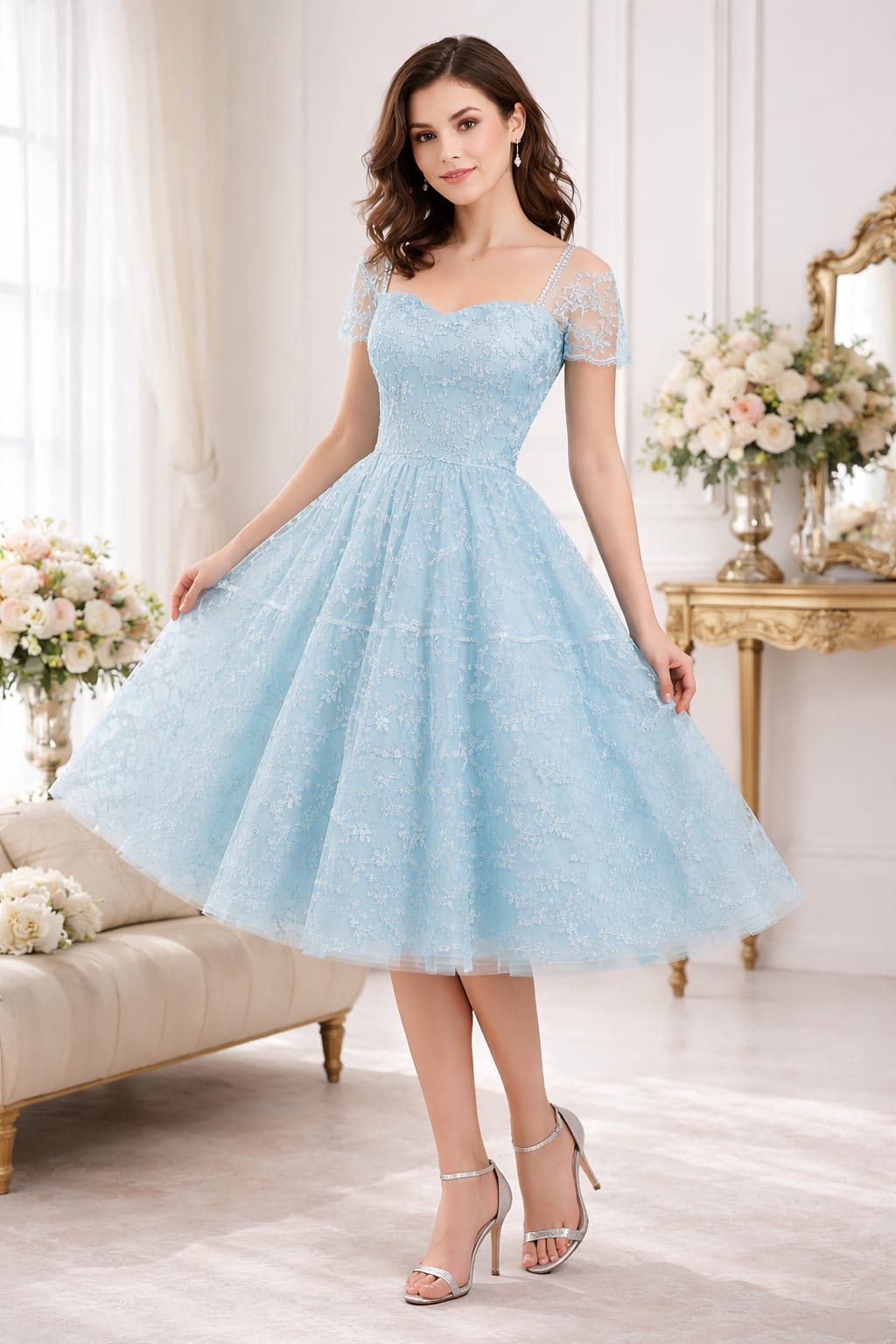 Elegant Women Floral Embroidered Net Fit & Flare Midi Dress – Party & Occasion Wear Sky Blue
