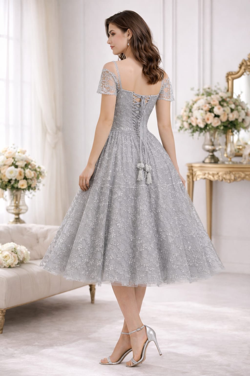 Elegant Women Floral Embroidered Net Fit & Flare Midi Dress – Party & Occasion Wear Grey