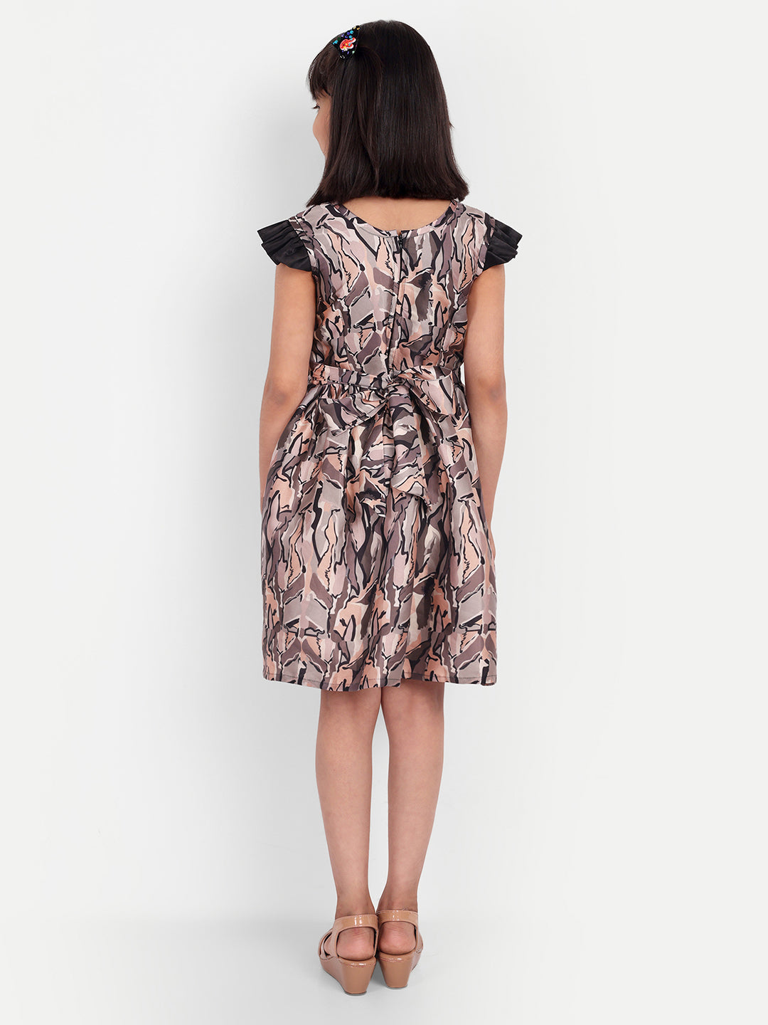 Girls Printed Knee-Length Dress with Statement Black Bow – Stylish Party Wear