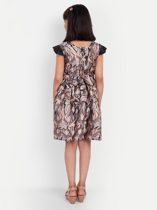 Girls Printed Knee-Length Dress with Statement Black Bow – Stylish Party Wear