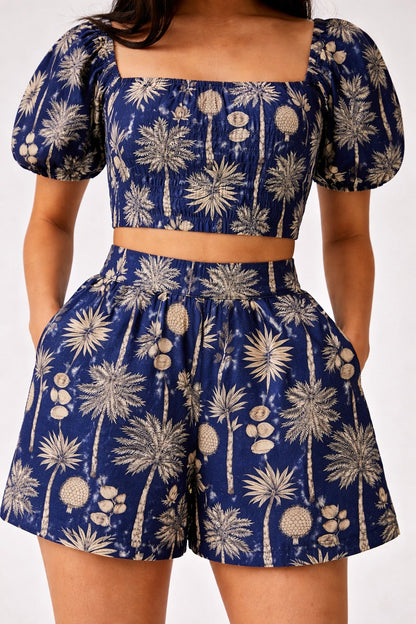 Navy Blue Tropical Print Crop Top and Shorts Co-Ord Set for Women – Puff Sleeve Summer Outfit