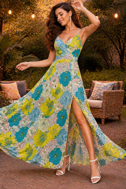 Blue & Yellow Floral Side Slit Maxi Dress for Women – Elegant Summer Vacation Dress