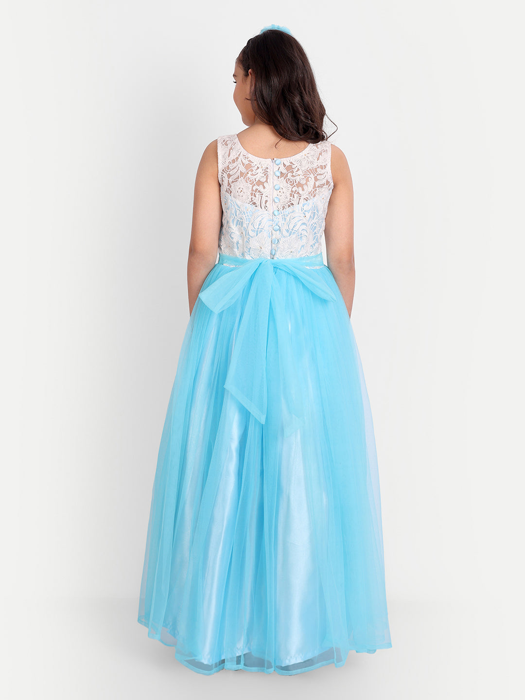 Sky Blue Princess Net Gown for Girls with Floral Lace Bodice