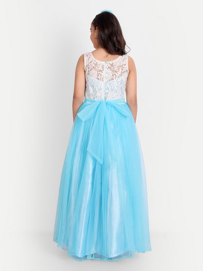 Sky Blue Princess Net Gown for Girls with Floral Lace Bodice