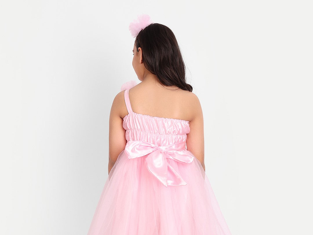 Girls Floral Off Shoulder Net Fit & Flare Dress – Party Wear