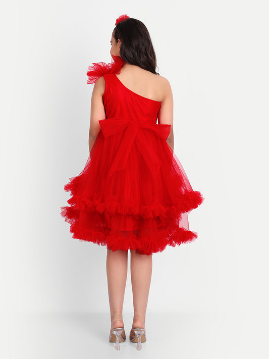 Girls Red One-Shoulder Frill Party Dress