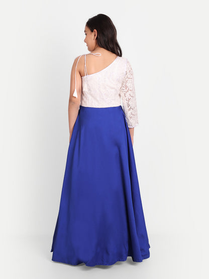 Royal Blue One-Shoulder Girls Gown with Lace Sleeve Design