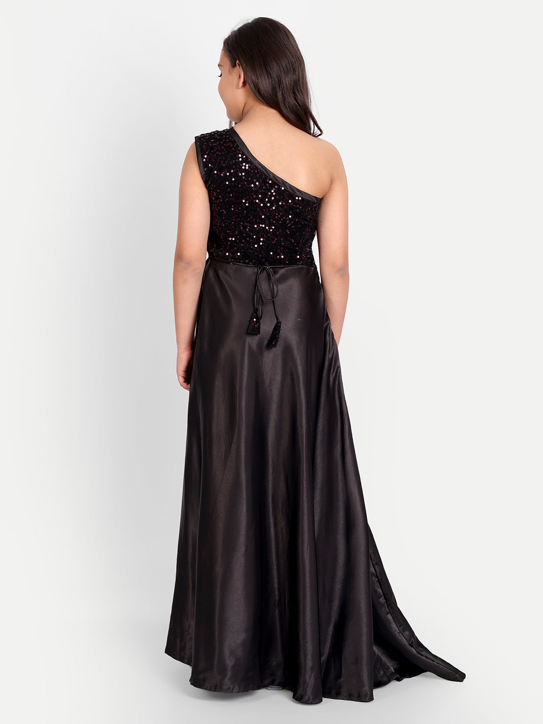 Girls Black One-Shoulder Sequin Party Gown