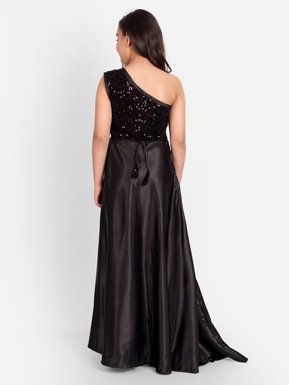 Girls Black One-Shoulder Sequin Party Gown