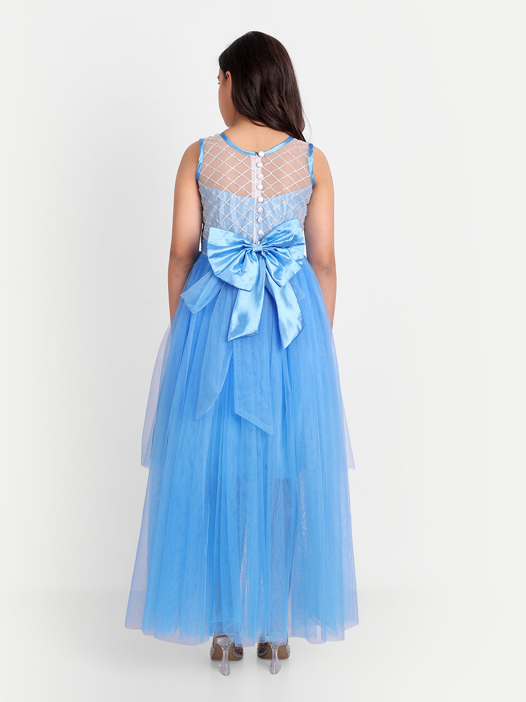 Sky Blue High-Low Tulle Party Gown for Girls with Embellished Bodice