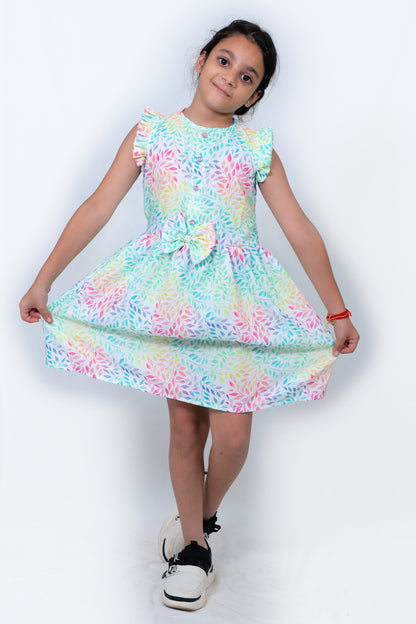 Girls Multicolor Leaf Print Fit & Flare Casual Dress