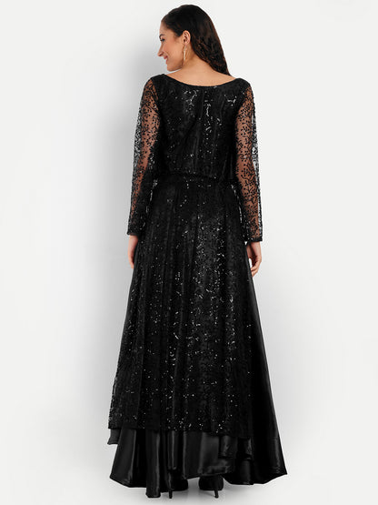 Midnight Black Sequin Designer Flared Gown for Women