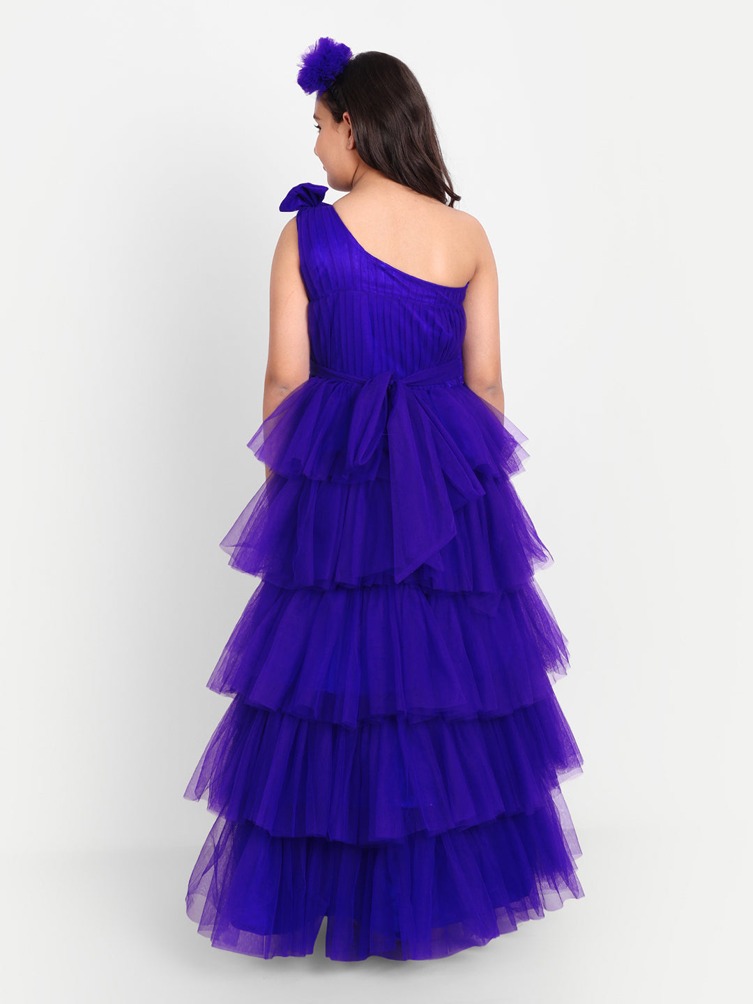 Royal Purple Layered Ruffle Gown for Girls with One-Shoulder Design