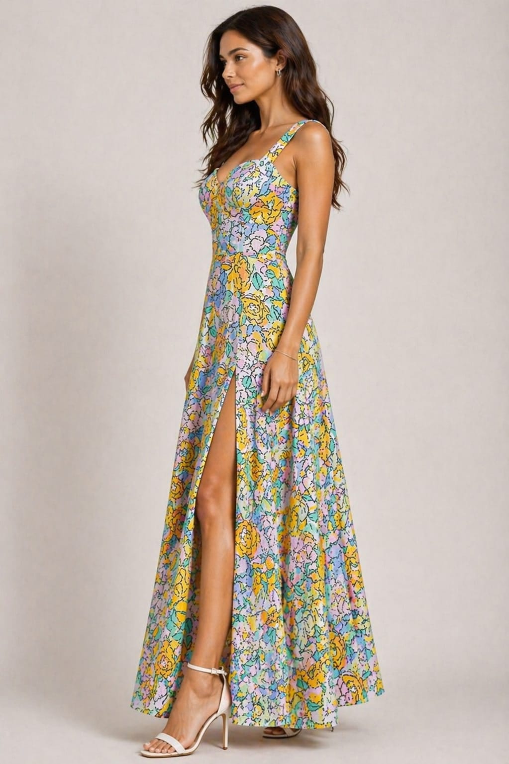 Pastel Floral Side Slit Maxi Dress for Women – Elegant Sleeveless Summer Party Dress