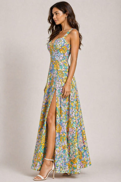 Pastel Floral Side Slit Maxi Dress for Women – Elegant Sleeveless Summer Party Dress