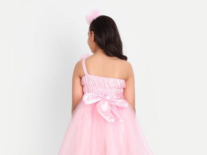Baby Pink Floral One-Shoulder Tulle Party Dress for Girls