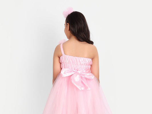 Baby Pink Floral One-Shoulder Tulle Party Dress for Girls