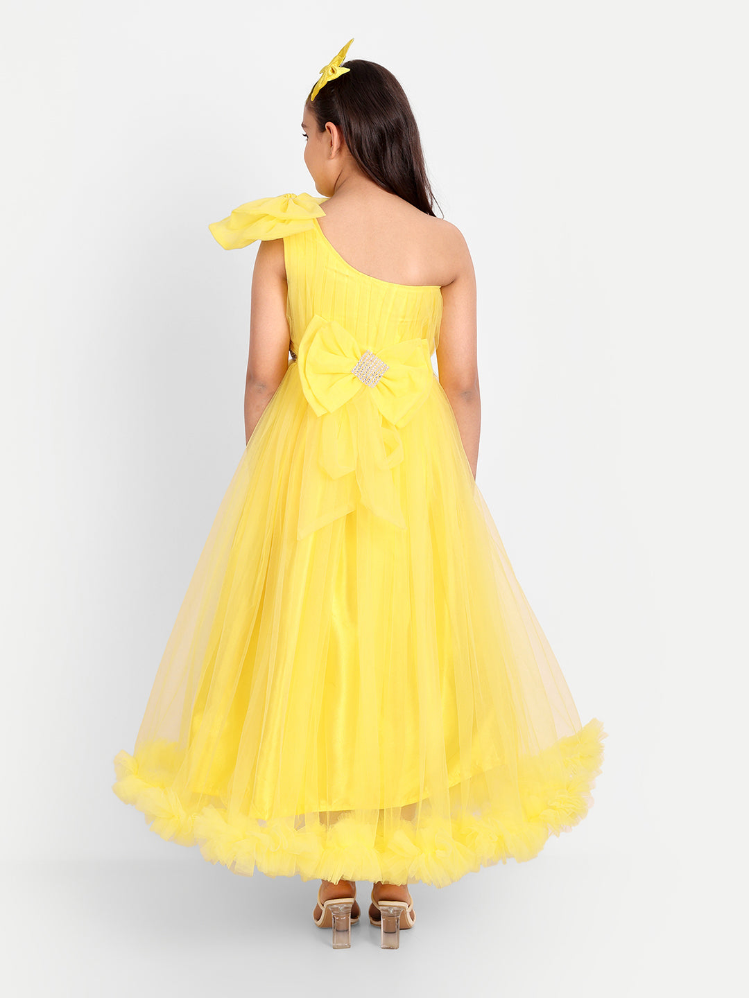 Sunny Yellow One-Shoulder Princess Gown for Girls with Net Flare