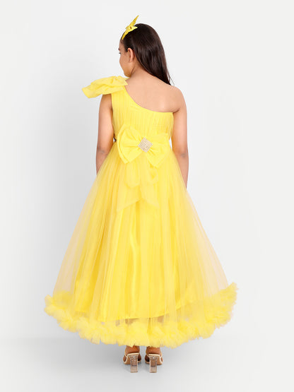 Sunny Yellow One-Shoulder Princess Gown for Girls with Net Flare