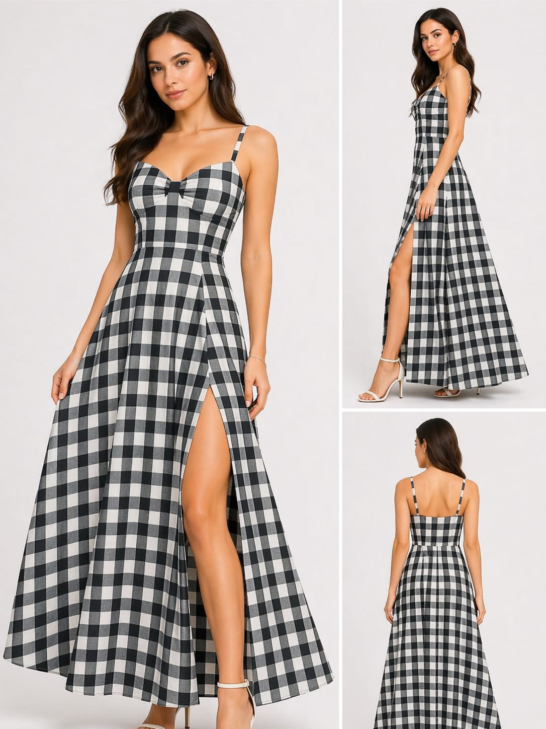 Black & White Gingham Side Slit Maxi Dress for Women – Sleeveless Checkered Party Dress