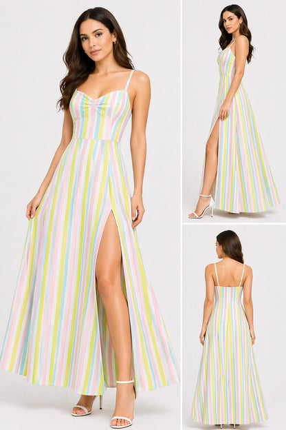 Pastel Rainbow Stripe Side Slit Maxi Dress for Women – Sleeveless Summer Party Dress