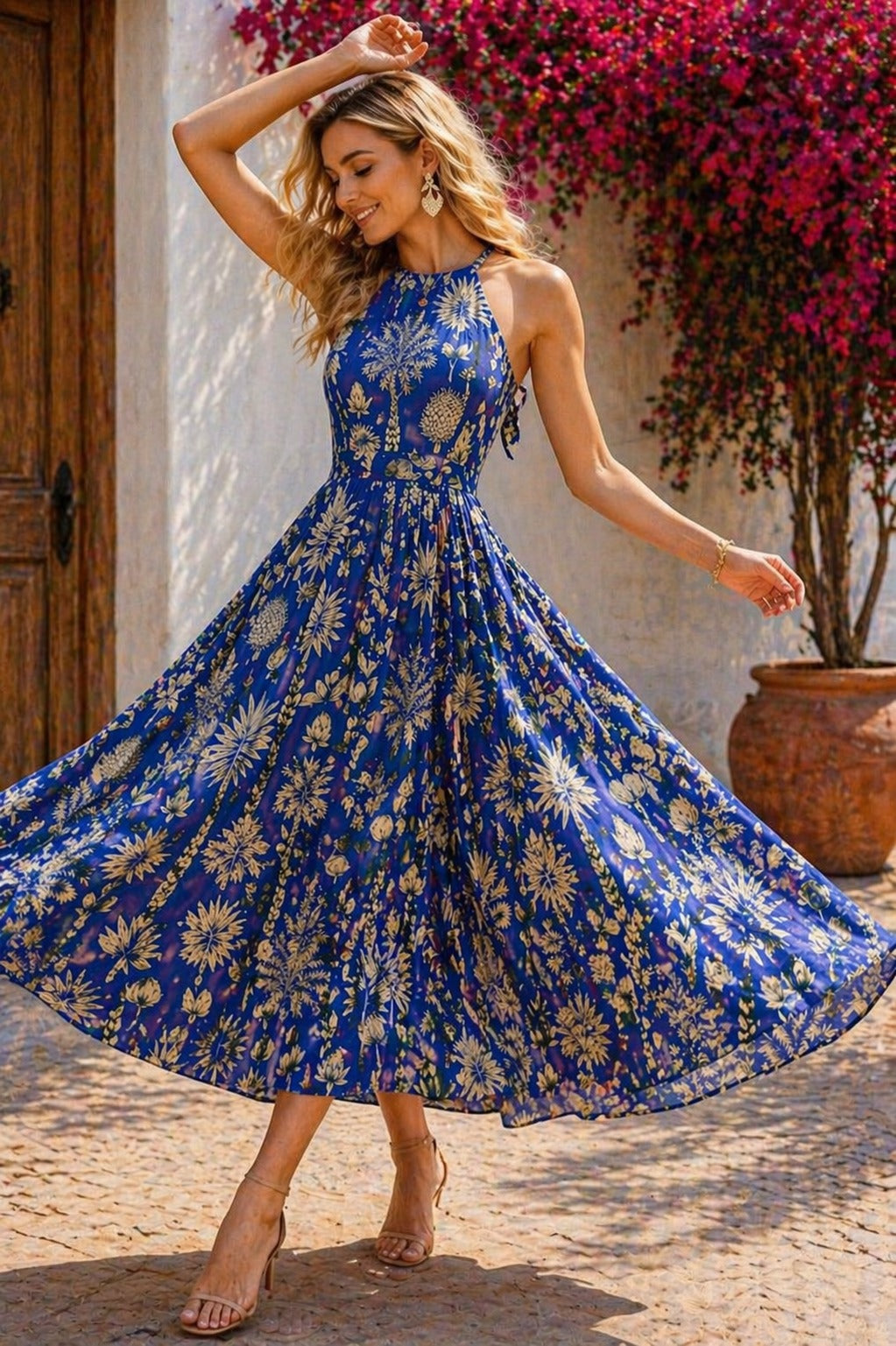 Royal Blue Botanical Halter Neck Maxi Dress for Women – Elegant Backless Summer Dress