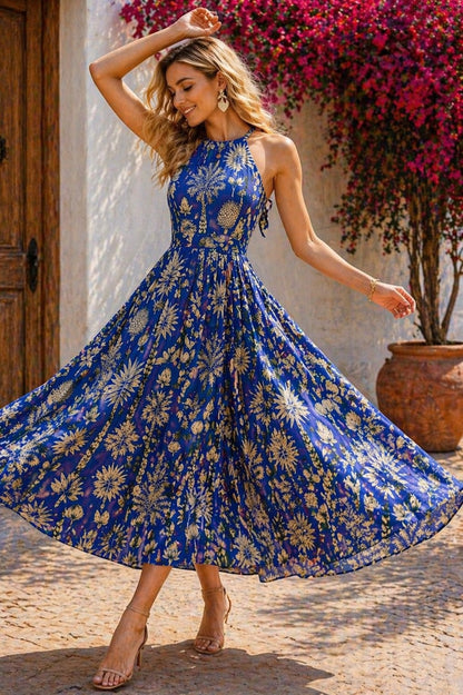 Royal Blue Botanical Halter Neck Maxi Dress for Women – Elegant Backless Summer Dress