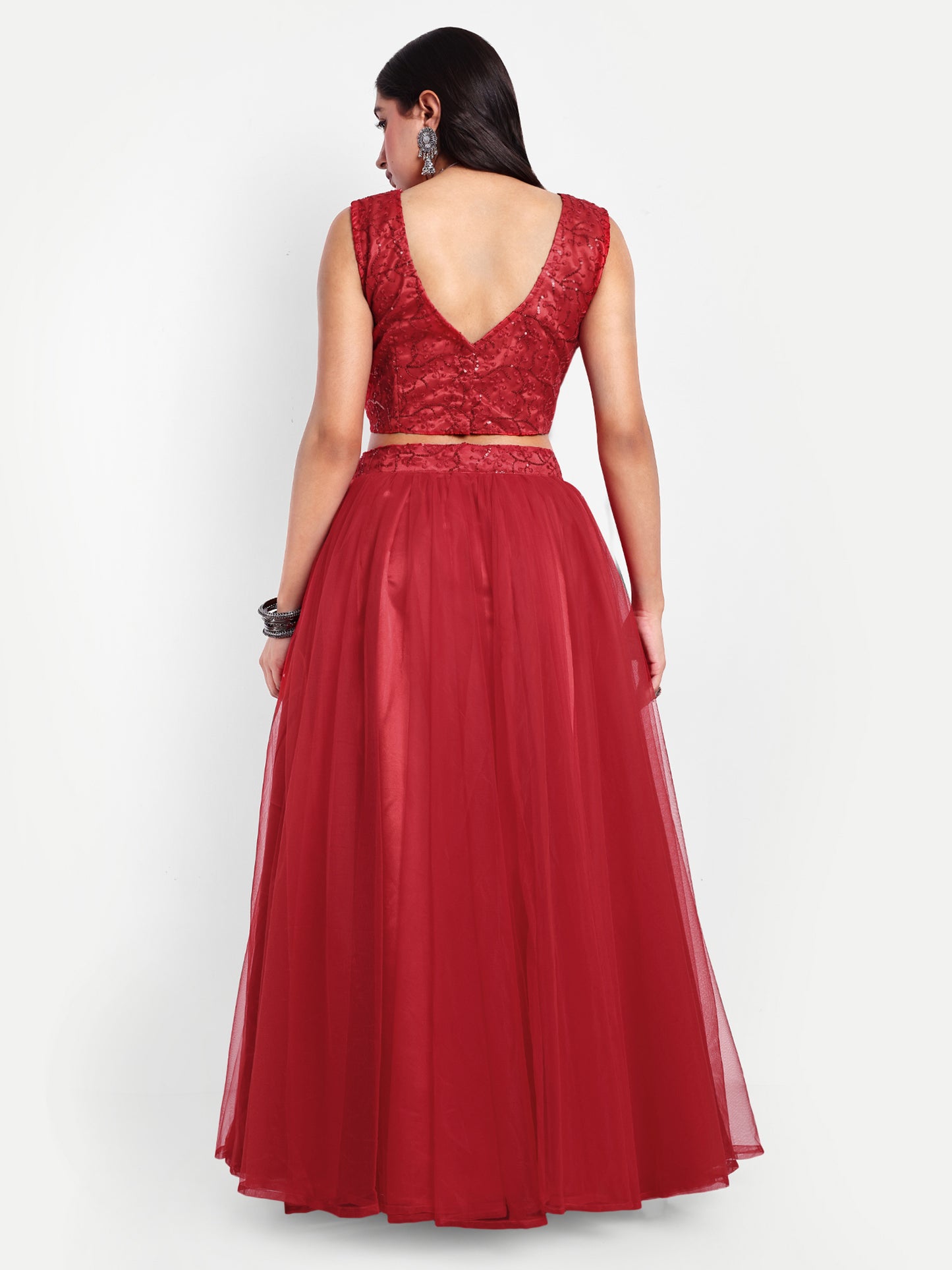 Elegant Women Flared Maxi Net Skirt red