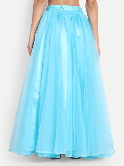 Elegant Women Flared Maxi Net Skirt blue
