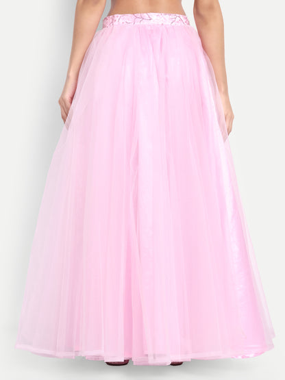 Elegant Women Flared Maxi Net Skirt pink