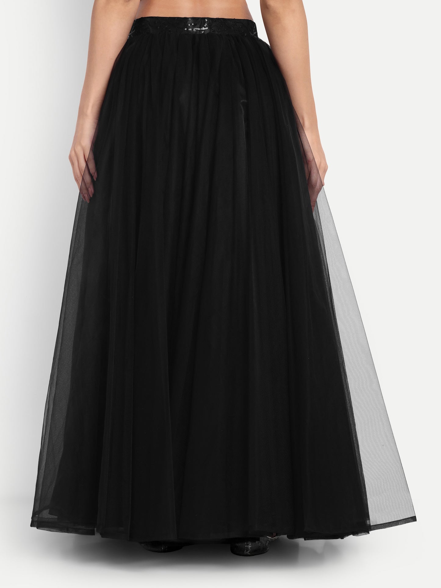 Elegant Women Flared Maxi Net Skirt black