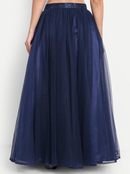 Elegant Women Flared Maxi Net Skirt navy blue