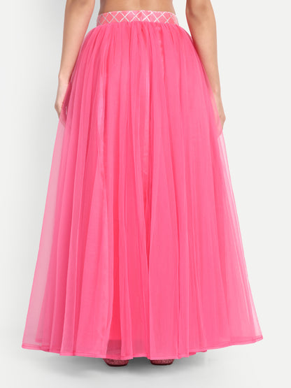 Elegant Women Flared Maxi Net Skirt pink