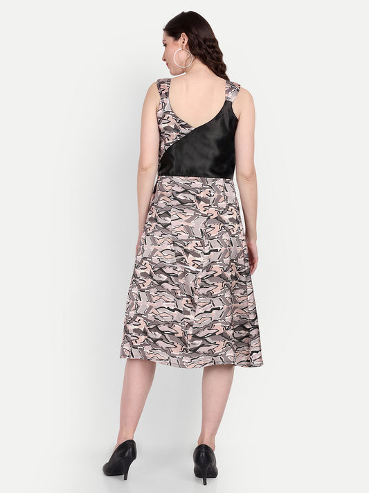 Elegant Women Printed Silk Fit & Flare Dress – Stylish Casual & Festive Wear