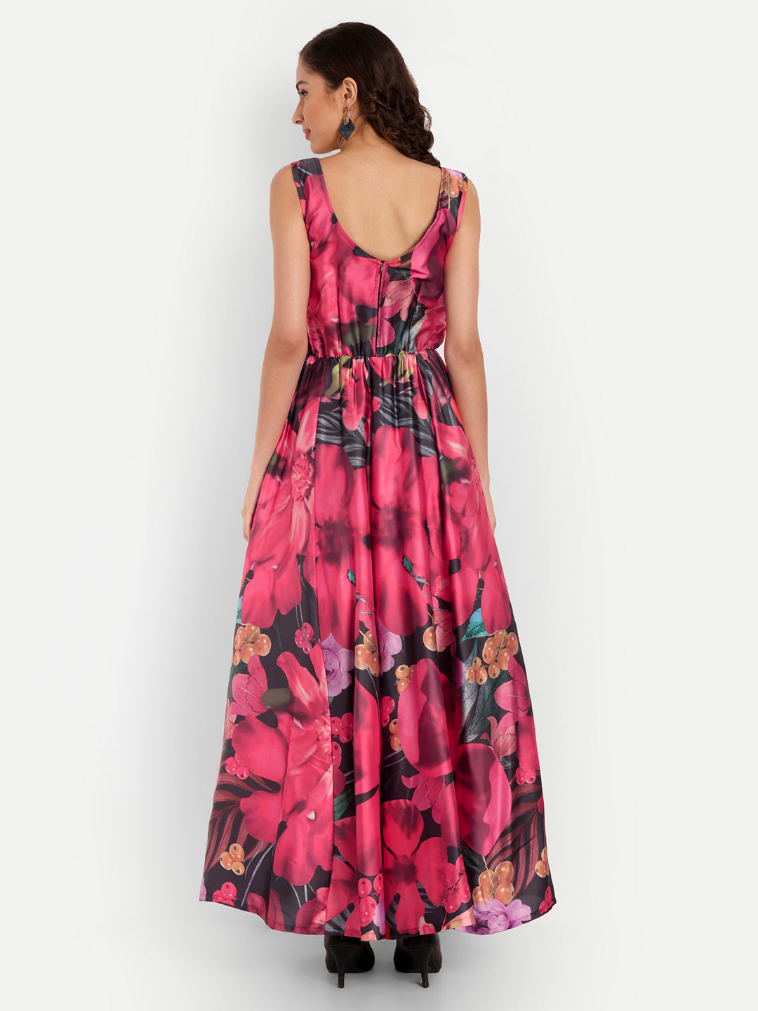 Elegant Women Floral Printed Sleeveless Satin Maxi Dress – Stylish Party, Vacation & Evening Wear