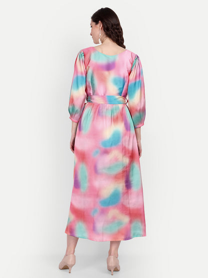 Elegant Women Printed Silk Maxi Fit & Flare Dress – Stylish Festive & Occasion Wear