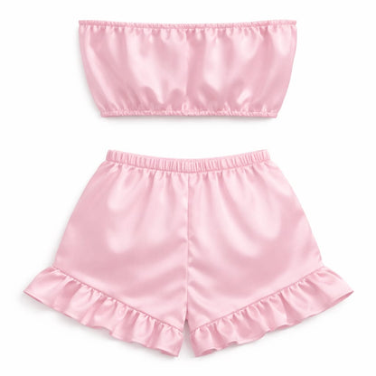 Luxury Women Satin Lounge Set – Strapless Tube Top & Ruffle Shorts Night Suit Baby Pink